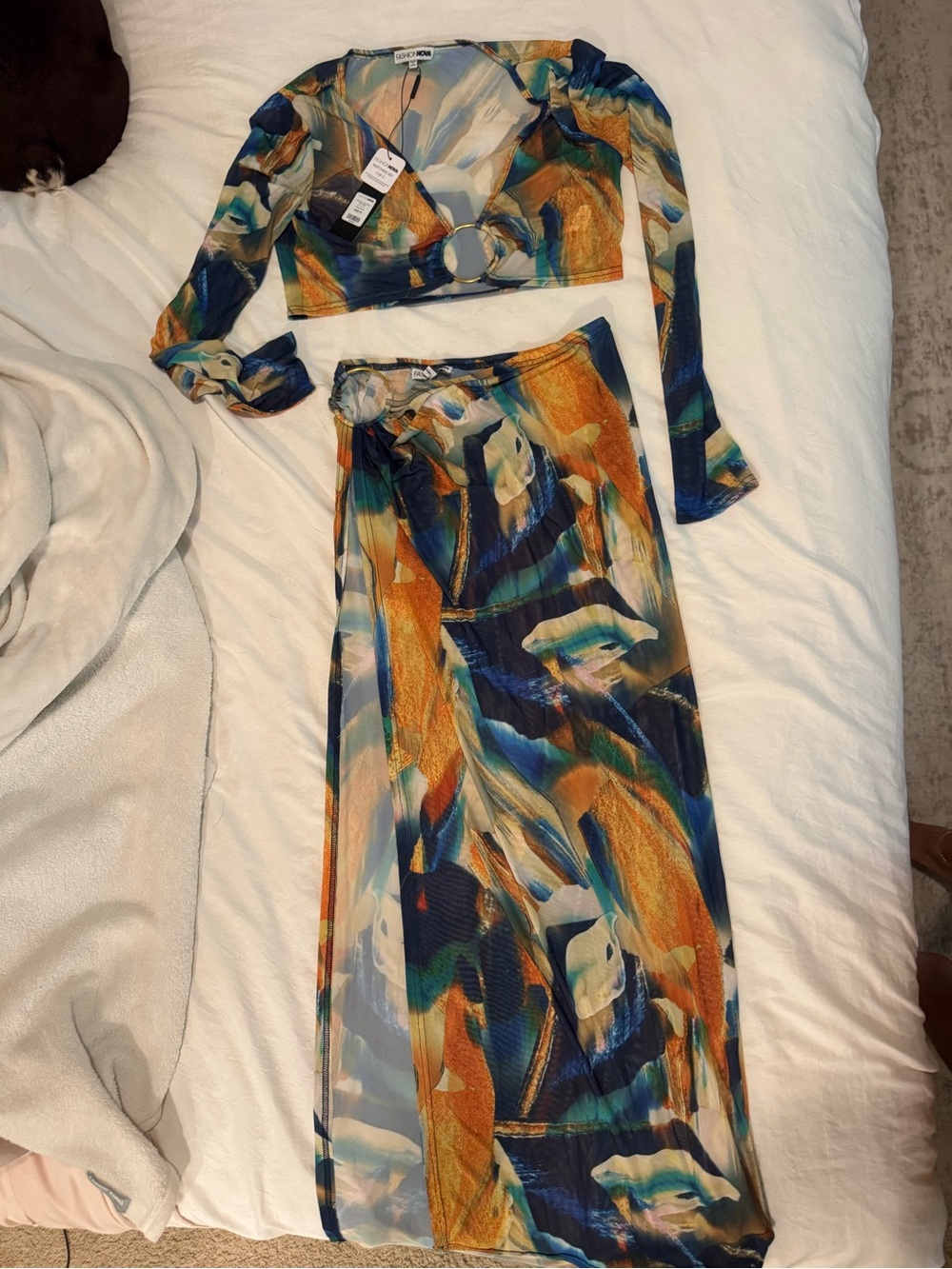 Fashion Nova Long Sleeve Two-Piece mesh set - Blue, Orange, Green